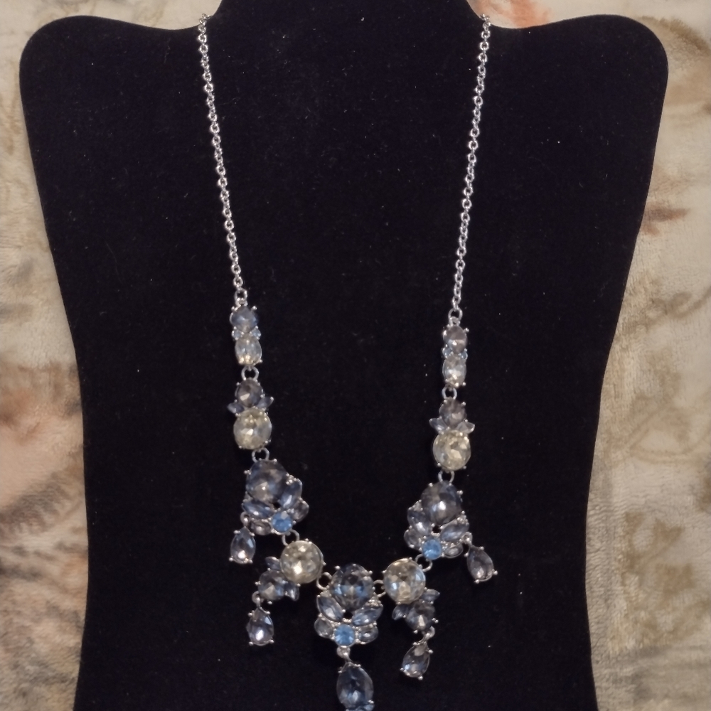 Rhinestone Silver tone blue and clear bridal necklace